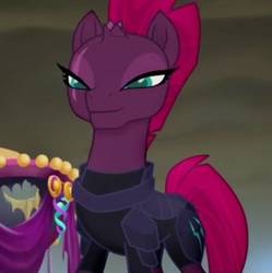 Size: 399x400 | Tagged: safe, screencap, tempest shadow, pony, unicorn, g4, my little pony: the movie, armor, broken horn, cropped, eye scar, female, horn, mare, scar, smiling, solo, when she smiles