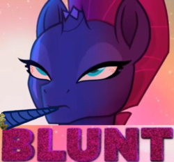 Size: 510x476 | Tagged: safe, artist:paintanon, tempest shadow, pony, g4, my little pony: the movie, 420 blaze it, bloodshot eyes, blunt, broken horn, caption, dank memes, drugs, emily blunt, expand dong, exploitable meme, horn, horn smoking, image macro, meme, pun, shitposting, smoke weed everyday, smoking, voice actor joke