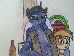 Size: 800x600 | Tagged: safe, artist:pony quarantine, pipsqueak, princess luna, alicorn, pony, semi-anthro, g4, 4chan, bandana, biker bar, biker luna, choker, clothes, colored, cute, drawthread, duo, frown, jukebox, lidded eyes, lipstick, looking at you, male, sons of anarchy, tattoo, the other biker princess from equestria, vest