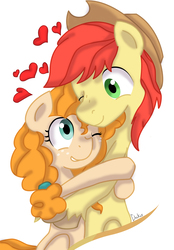 Size: 1600x2300 | Tagged: safe, artist:chikiz65, bright mac, pear butter, earth pony, pony, g4, the perfect pear, colored, female, hat, heart, hug, lightly watermarked, male, shading, ship:brightbutter, shipping, simple background, straight, watermark, white background