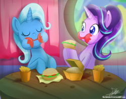 Size: 2226x1734 | Tagged: safe, artist:the-butch-x, starlight glimmer, trixie, pony, unicorn, g4, aweeg*, burger, commission, cute, diatrixes, duo, eating, eyes closed, female, food, french fries, glimmerbetes, hay burger, hay fries, mare, messy eating, signature, table