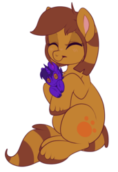 Size: 553x808 | Tagged: safe, artist:lulubell, oc, oc only, oc:crystalline wind, oc:kazzy, earth pony, pony, blushing, crystazzy, cuddling, female, mare, plushie, solo