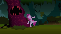Size: 1280x720 | Tagged: safe, screencap, pinkie pie, pony, friendship is magic, g4, season 1, everfree forest, female, laughter song, mare, scary tree, solo, tree