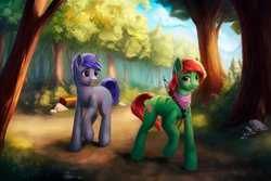 Size: 3000x2000 | Tagged: safe, artist:l1nkoln, oc, oc only, oc:aromia, oc:moon magic, pony, unicorn, zebra, colored pupils, commission, duo, female, forest, grass, high res, male, scenery, shipping, sky, smiling, tree