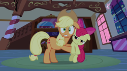 Size: 1280x720 | Tagged: safe, screencap, apple bloom, applejack, earth pony, pony, bridle gossip, g4, apple bloom is not amused, evil enchantress, evil enchantress song, female, filly, floppy ears, holding a pony, mare, unamused, wide eyes