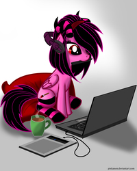Size: 2400x3000 | Tagged: safe, artist:pinkanon, oc, oc only, oc:pinkanon, pegasus, pony, clothes, coffee, coffee mug, computer, drawing tablet, female, headphones, high res, laptop computer, mare, mug, socks, solo, striped socks, stylus