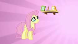 Size: 1280x720 | Tagged: safe, screencap, fluttershy, pegasus, pony, g4, stare master, female, hush now quiet now, mare, solo, sunburst background