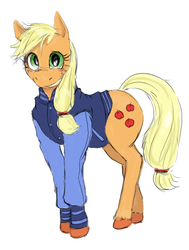 Size: 1586x2101 | Tagged: safe, artist:corevaluesart, applejack, earth pony, pony, g4, clothes, cute, female, jacket, mare, simple background, smiling, solo, unshorn fetlocks, varsity jacket, white background