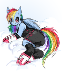 Size: 1443x1742 | Tagged: safe, artist:corevaluesart, rainbow dash, pegasus, anthro, unguligrade anthro, g4, arm hooves, clothes, female, lying down, mare, on side, shoes, simple background, solo, white background