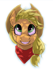 Size: 1000x1381 | Tagged: safe, artist:corevaluesart, applejack, earth pony, pony, g4, bandana, bust, cute, female, happy, looking up, mare, shadows, simple background, smiling, solo, white background