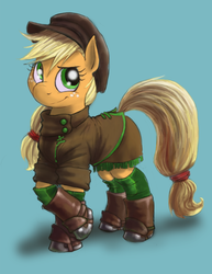 Size: 1407x1825 | Tagged: safe, artist:corevaluesart, applejack, earth pony, pony, g4, blue background, clothes, female, hat, mare, outfit, shoes, simple background, smiling, solo