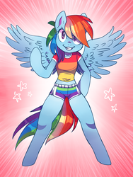 Size: 550x733 | Tagged: safe, artist:mrsstarlight, rainbow dash, pegasus, anthro, unguligrade anthro, g4, arm hooves, clothes, female, gay pride, gay pride flag, lesbian, pride, shirt, shorts, smiling, solo, wings