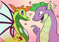 Size: 900x643 | Tagged: safe, artist:mrsstarlight, spike, thorax, changedling, changeling, dragon, g4, adult, adult spike, cute, dragonified, gay, king thorax, male, older, older spike, ship:thoraxspike, shipping, species swap, spikabetes, spikelove, thorabetes, transformation