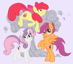 Size: 800x696 | Tagged: safe, artist:mrsstarlight, apple bloom, scootaloo, sweetie belle, earth pony, pegasus, pony, unicorn, g4, alternate cutie mark, bow, cutie mark crusaders, female, mare, mushroom cloud, older, older apple bloom, older scootaloo, older sweetie belle, redesign, tail bow