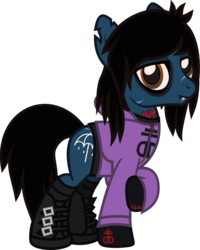 Size: 747x934 | Tagged: safe, artist:lightningbolt, derpibooru exclusive, earth pony, pony, undead, zombie, zombie pony, g4, .svg available, bags under eyes, bloodshot eyes, boots, bring me the horizon, clothes, colored pupils, drop dead clothing, emo, eyeliner, eyeshadow, fangs, gloves, hair over one eye, hoodie, lidded eyes, lip piercing, long sleeves, looking at you, makeup, male, messy mane, messy tail, oliver sykes, piercing, ponified, raised hoof, scar, shirt, shoes, show accurate, simple background, smiling, socks, solo, stallion, standing, svg, tattered, tattoo, torn ear, transparent background, undershirt, vector, zipper