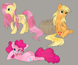 Size: 1000x836 | Tagged: safe, artist:swev, applejack, fluttershy, pinkie pie, pony, g4, cute, hay bale, on side, smiling