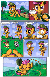 Size: 1280x1974 | Tagged: safe, artist:sirzi, apple bloom, scootaloo, sweetie belle, pony, comic:talisman for a pony, g4, comic, cutie mark crusaders, filly guides, happy, jackie chan adventures, scootaloo can fly, scout uniform, talisman