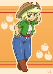 Size: 1000x1400 | Tagged: safe, artist:acesrockz, applejack, equestria girls, g4, clothes, cowboy hat, cutie mark background, female, hat, looking at you, pants, solo, stetson
