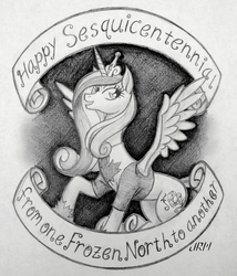 Size: 720x842 | Tagged: safe, artist:texasuberalles, princess cadance, alicorn, pony, g4, banner, canada, canada day, clothes, female, grayscale, looking at you, maple leaf, mare, monochrome, open mouth, pencil drawing, solo, spread wings, traditional art, wings