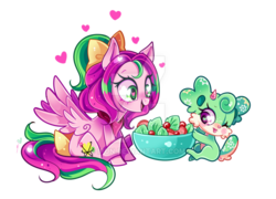 Size: 799x575 | Tagged: safe, artist:ipun, oc, oc only, oc:gadget, oc:precious metal, pegasus, pony, bow, female, food, hair bow, heart, heart eyes, mare, salad, salad bowl, simple background, sitting, tail bow, transparent background, watermark, wingding eyes