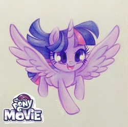 Size: 1280x1272 | Tagged: safe, artist:dressella, twilight sparkle, alicorn, pony, g4, my little pony: the movie, cute, drawing, flying, logo, smiling, traditional art, twiabetes, twilight sparkle (alicorn)