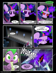 Size: 1275x1650 | Tagged: safe, artist:dsana, spike, twilight sparkle, alicorn, dragon, pony, comic:the shadow shard, g4, colored horn, comic, curved horn, dark magic, disembodied horn, horn, magic, severed horn, sombra eyes, sombra's horn, twilight sparkle (alicorn)