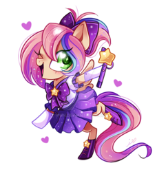 Size: 800x879 | Tagged: safe, artist:ipun, oc, oc only, oc:sweet skies, pegasus, pony, blushing, boots, clothes, cute, female, heart, looking at you, magical girl, mare, moe, one eye closed, ponytail, shoes, simple background, skirt, skirt lift, solo, transparent background, watermark, wink