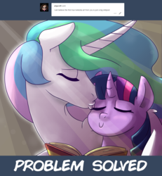 Size: 1200x1300 | Tagged: safe, artist:rawrienstein, princess celestia, twilight sparkle, alicorn, pony, g4, ask, book, eyes closed, female, forehead kiss, lesbian, mare, ship:twilestia, shipping, tumblr, wing hold