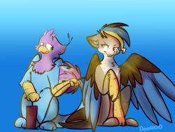 Size: 1600x1200 | Tagged: safe, artist:doqfood, oc, oc only, oc:gertrude, oc:gyro feather, oc:gyro tech, griffon, hippogriff, bike pump, griffonized, pump, species swap