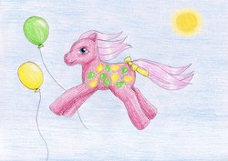 Size: 1024x723 | Tagged: safe, artist:normaleeinsane, up up and away, pony, g1, balloon, bow, female, solo, tail bow, traditional art