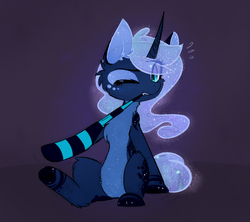 Size: 1257x1117 | Tagged: safe, artist:magnaluna, princess luna, alicorn, pony, g4, alternate universe, chest fluff, clothes, curved horn, cute, ear fluff, fangs, female, fluffy, hooves, horn, leg fluff, lunabetes, mare, neck fluff, one eye closed, pale belly, putting on clothing, sitting, socks, solo, stockings, striped socks, struggling, thigh highs