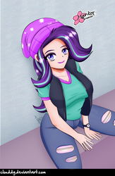 Size: 1930x2953 | Tagged: safe, artist:clouddg, starlight glimmer, equestria girls, equestria girls specials, g4, my little pony equestria girls: mirror magic, beanie, breasts, busty starlight glimmer, clothes, female, hat, human coloration, looking at you, pants, shirt, simple background, sitting, smiling, solo, vest