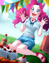 Size: 695x900 | Tagged: safe, artist:paulina-ap, pinkie pie, human, g4, apple, blushing, cake, clothes, cupcake, cute, diapinkes, eared humanization, feet, female, food, grass, humanized, jewelry, looking at you, necklace, open mouth, sandals, shirt, shorts, smiling, soda, solo, toes