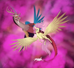 Size: 3914x3578 | Tagged: safe, artist:vinicius040598, discord, fluttershy, draconequus, pegasus, pony, g4, duo, female, flying, high res, mare, spread wings, wings