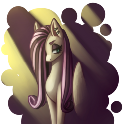Size: 2000x2000 | Tagged: safe, artist:hikarie-katsura, fluttershy, pegasus, pony, g4, ear piercing, emoshy, eyeshadow, female, hair over one eye, high res, lidded eyes, looking back, makeup, mare, piercing, simple background, solo, transparent background