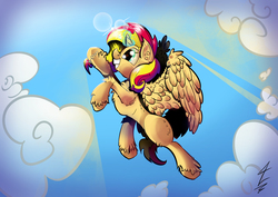 Size: 4961x3508 | Tagged: safe, artist:tony-retro, sunset shimmer, alicorn, pony, g4, absurd resolution, alicornified, chest fluff, crepuscular rays, female, flying, grin, race swap, shimmercorn, smiling, solo, unshorn fetlocks