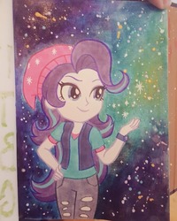 Size: 709x887 | Tagged: safe, artist:valerei, starlight glimmer, equestria girls, equestria girls specials, g4, my little pony equestria girls: mirror magic, abstract background, beanie, clothes, female, hat, smiling, solo, stars, traditional art, watercolor painting