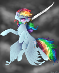 Size: 2237x2751 | Tagged: safe, artist:wacky-skiff, rainbow dash, pony, g4, my little pony: the movie, chest fluff, cloud, female, flying, high res, mouth hold, saber, solo, stormcloud, weapon