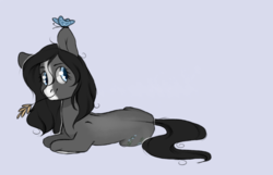 Size: 1889x1213 | Tagged: safe, artist:lessie-owen, oc, oc only, butterfly, earth pony, pony, prone, simple background, smiling, solo