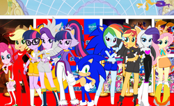 Size: 3624x2217 | Tagged: safe, artist:trungtranhaitrung, applejack, fluttershy, pinkie pie, rainbow dash, rarity, sci-twi, starlight glimmer, sunset shimmer, twilight sparkle, equestria girls, equestria girls specials, g4, mirror magic, amy rose, blaze the cat, clothes, cosplay, costume, cream the rabbit, crossover, friends, group, hand on hip, high res, humane five, humane seven, humane six, knuckles the echidna, looking at you, male, miles "tails" prower, rouge the bat, shadow the hedgehog, silver the hedgehog, smiling, sonic the hedgehog, sonic the hedgehog (series), twolight