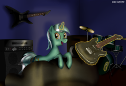 Size: 3648x2500 | Tagged: safe, artist:elijahdeathster, lyra heartstrings, pony, unicorn, g4, couch, drums, electric guitar, female, guitar, magic, musical instrument, smiling, solo, speaker, telekinesis