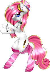 Size: 1513x2152 | Tagged: safe, artist:ohhoneybell, oc, oc only, oc:pink lovely neko, pony, unicorn, :t, bipedal, choker, clothes, female, mare, simple background, socks, solo, striped socks, transparent background