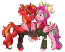 Size: 1024x818 | Tagged: safe, artist:slasharu, oc, oc only, oc:fire strike, oc:precious metal, pegasus, pony, bow, clothes, female, hair bow, mare, simple background, tail bow, transparent background
