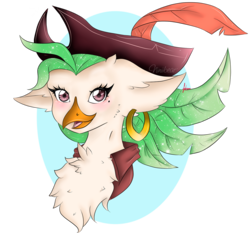 Size: 1280x1191 | Tagged: safe, artist:niniibear, captain celaeno, bird, ornithian, anthro, g4, my little pony: the movie, abstract background, bust, chest fluff, female, fluffy, pirate, portrait, simple background, solo, transparent background