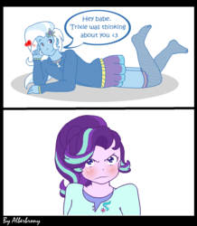 Size: 1248x1434 | Tagged: safe, artist:alberbrony, starlight glimmer, trixie, human, equestria girls, g4, blushing, clothes, female, heart, lesbian, missing shoes, ship:startrix, shipping, stockings, thigh highs