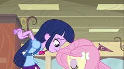 Size: 1100x618 | Tagged: safe, screencap, fluttershy, twilight sparkle, equestria girls, g4, my little pony equestria girls, clothes, duo, duo female, eyes closed, female, out of context, skirt