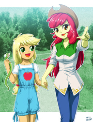 Size: 900x1172 | Tagged: safe, artist:uotapo, apple bloom, applejack, human, snake, equestria girls, g4, adorabloom, age swap, alternate universe, beautiful, clothes, cowboy hat, cute, duo, female, freckles, hat, holding hands, inverse, jackabetes, older, older apple bloom, pants, role reversal, shirt, siblings, sisters, smiling, stetson, sweet dreams fuel, uotapo is trying to murder us, younger