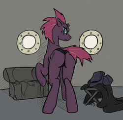 Size: 1280x1242 | Tagged: safe, artist:plifos, tempest shadow, pony, unicorn, g4, my little pony: the movie, armor, black underwear, broken horn, butt, chest, clothes, eye scar, female, horn, looking at you, looking back, looking back at you, mare, panties, plot, raised hoof, scar, solo, tempass, tempest shadow is not amused, unamused, underwear, undressing