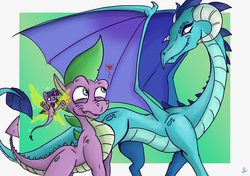 Size: 5016x3541 | Tagged: safe, artist:dinodraketakethecake, princess ember, spike, twilight sparkle, dragon, fairy, g4, absurd resolution, crossover, looking at each other, older, older spike, quadrupedal, size difference, smiling, species swap, spyro the dragon, spyro the dragon (series), the legend of spyro, trio