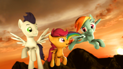 Size: 3840x2160 | Tagged: safe, artist:seriff-pilcrow, rainbow dash, scootaloo, soarin', pegasus, pony, g4, 3d, female, high res, male, scootaloo can fly, scootalove, ship:soarindash, shipping, source filmmaker, straight, sunrise